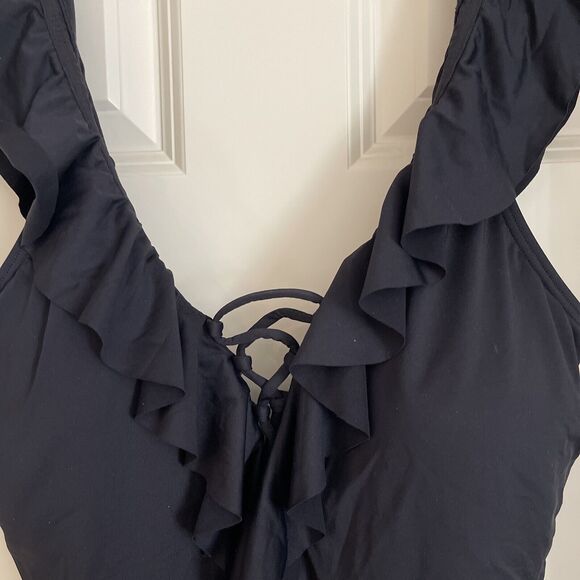 Soma One Pc. Swimsuit Ruffle Lace Up - Black - NWT - Size 16 - Picture 4 of 9